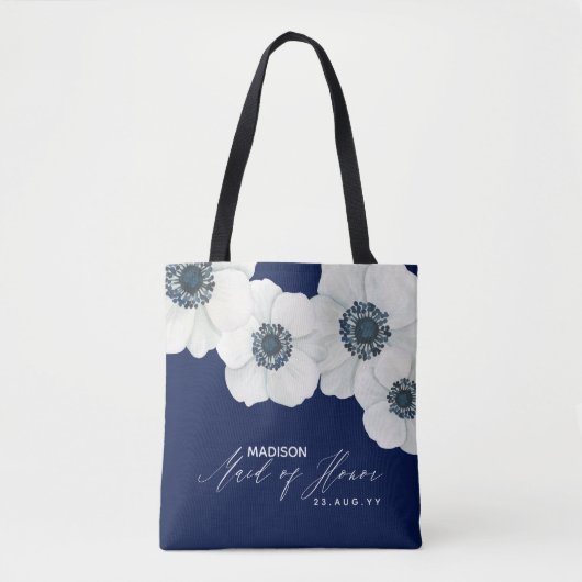 Navy Blue & White Windblume Trauzeugin Tasche (Vorderseite)