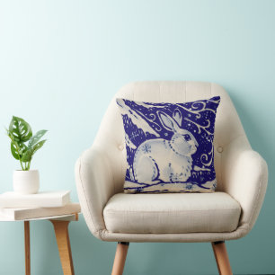 Navy Blue White Winter Snow Rabbit Delft Kissen