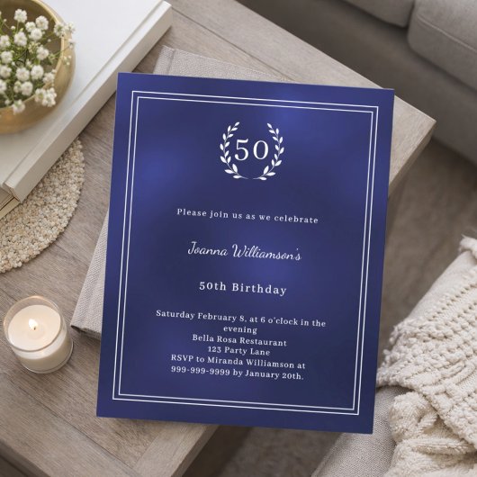 Navy blue white wreath elegant birthday invitation