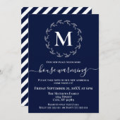 Navy Blue White Wreath Monogram House Erwärmung Ankündigung (Vorne/Hinten)