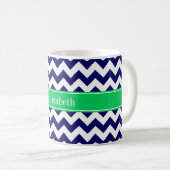 Navy Blue White Zickzack Emerald Name Monogram Kaffeetasse (VorderseiteRechts)