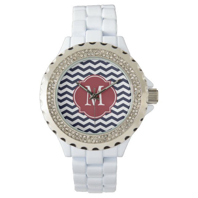 Navy Blue & White Zickzack Pattern Armbanduhr (Vorderseite)