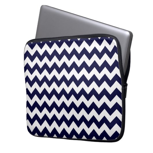 Navy Blue White Zickzack Zig-Zag Muster Laptopschutzhülle (Vorderseite Links)