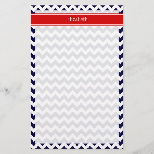 Navy Blue White Zickzack Zig Zag Red Name Monogram Briefpapier (Vorderseite)