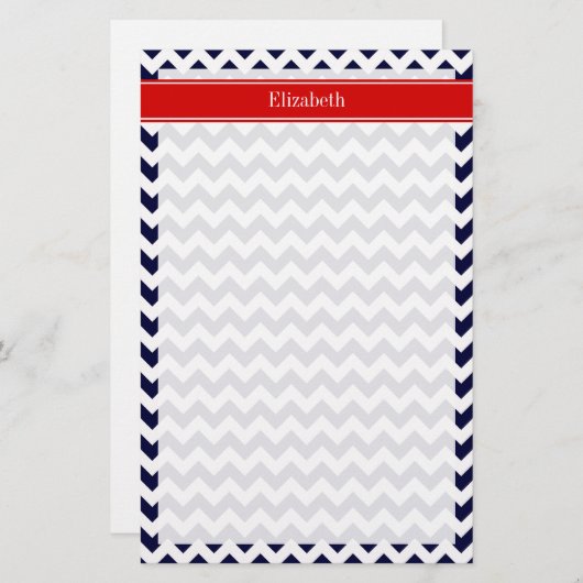 Navy Blue White Zickzack Zig Zag Red Name Monogram Briefpapier (Vorne/Hinten)