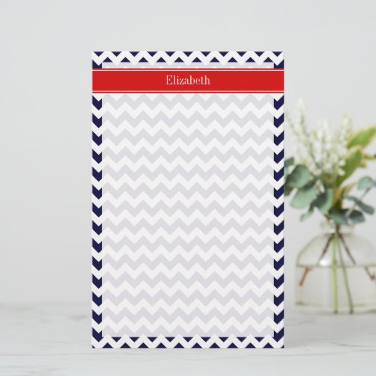 Navy Blue White Zickzack Zig Zag Red Name Monogram Briefpapier (Stehend Vorderseite)