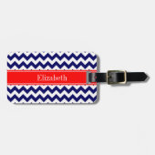 Navy Blue White Zickzack Zig Zag Red Name Monogram Gepäckanhänger (Vorderseite horizontal)