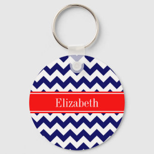 Navy Blue White Zickzack Zig Zag Red Name Monogram Schlüsselanhänger