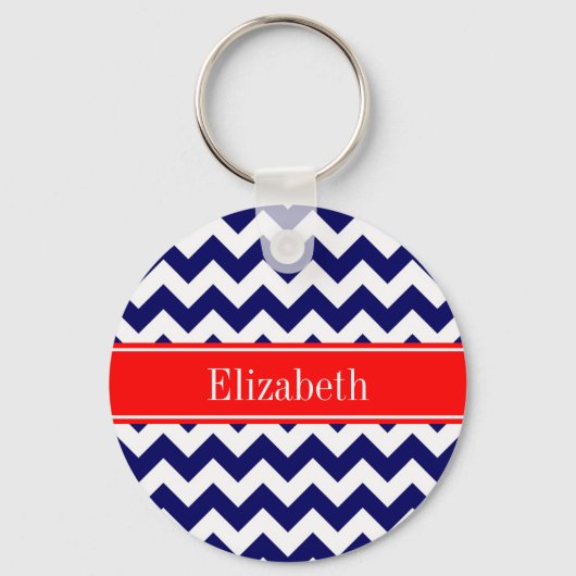 Navy Blue White Zickzack Zig Zag Red Name Monogram Schlüsselanhänger (Vorderseite)