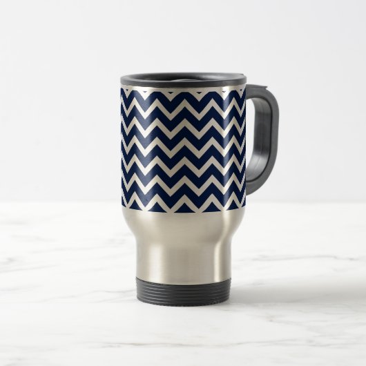 Navy Blue & White Zickzack Zigzag Muster Reisebecher (VorderseiteRechts)