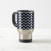 Navy Blue & White Zickzack Zigzag Muster Reisebecher (Vorderseite Links)