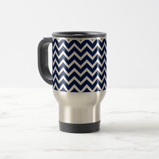 Navy Blue & White Zickzack Zigzag Muster Reisebecher (Vorderseite Links)