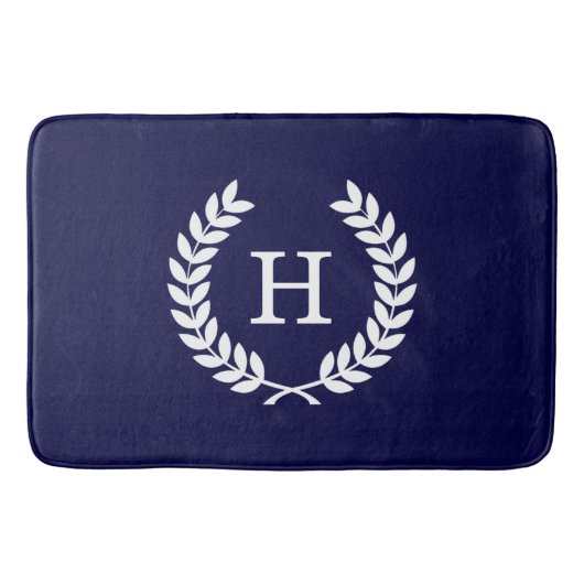 Navy Blue Wht Wheat Laurel Wreath Initial Monogram Badematte (Vorderseite)