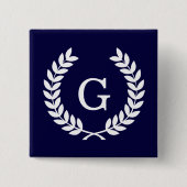 Navy Blue Wht Wheat Laurel Wreath Initial Monogram Button (Vorderseite)