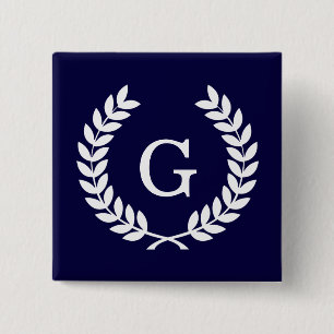 Navy Blue Wht Wheat Laurel Wreath Initial Monogram Button