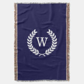 Navy Blue Wht Wheat Laurel Wreath Initial Monogram Decke (Vorderseite Vertikal)