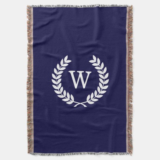 Navy Blue Wht Wheat Laurel Wreath Initial Monogram Decke (Vorderseite Vertikal)