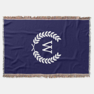 Navy Blue Wht Wheat Laurel Wreath Initial Monogram Decke