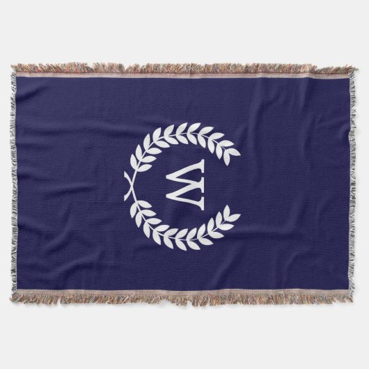 Navy Blue Wht Wheat Laurel Wreath Initial Monogram Decke (Vorderseite)