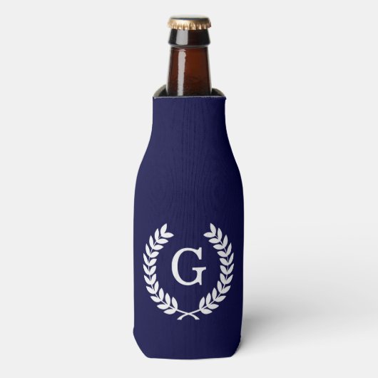 Navy Blue Wht Wheat Laurel Wreath Initial Monogram Flaschenkühler (Flaschenvorderseite)