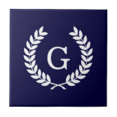 Navy Blue Wht Wheat Laurel Wreath Initial Monogram Fliese (Vorderseite)