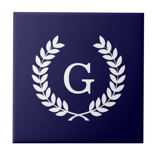 Navy Blue Wht Wheat Laurel Wreath Initial Monogram Fliese (Vorderseite)