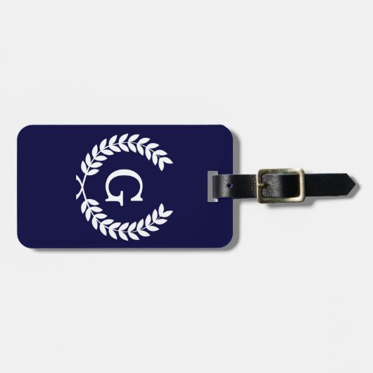 Navy Blue Wht Wheat Laurel Wreath Initial Monogram Gepäckanhänger (Vorderseite horizontal)
