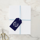 Navy Blue Wht Wheat Laurel Wreath Initial Monogram Geschenkanhänger (Mit Garn)