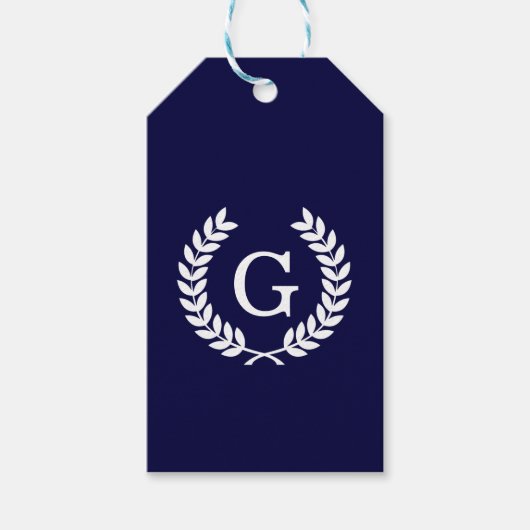 Navy Blue Wht Wheat Laurel Wreath Initial Monogram Geschenkanhänger (Vorderseite)