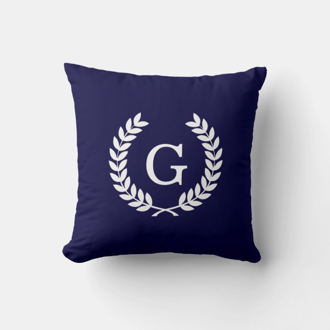 Navy Blue Wht Wheat Laurel Wreath Initial Monogram Kissen (Vorderseite)