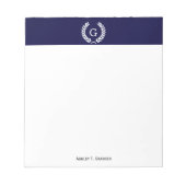 Navy Blue Wht Wheat Laurel Wreath Initial Monogram Notizblock (Vorderseite)