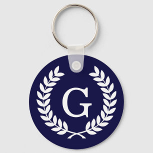 Navy Blue Wht Wheat Laurel Wreath Initial Monogram Schlüsselanhänger