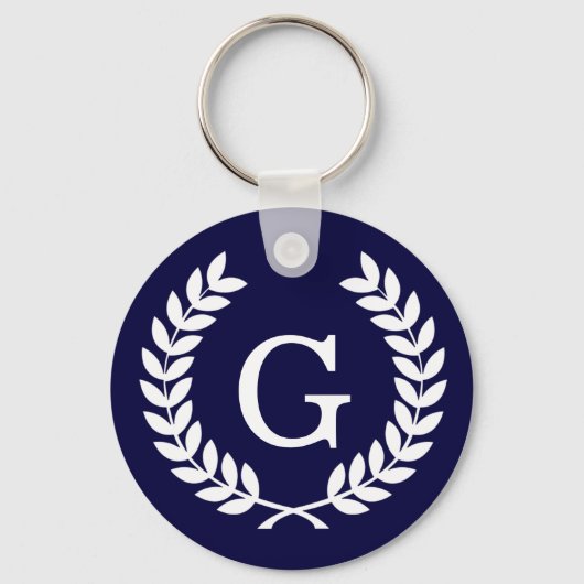 Navy Blue Wht Wheat Laurel Wreath Initial Monogram Schlüsselanhänger (Vorderseite)