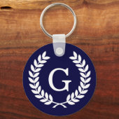 Navy Blue Wht Wheat Laurel Wreath Initial Monogram Schlüsselanhänger (Vorderseite)