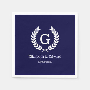 Navy Blue Wht Wheat Laurel Wreath Initial Monogram Serviette