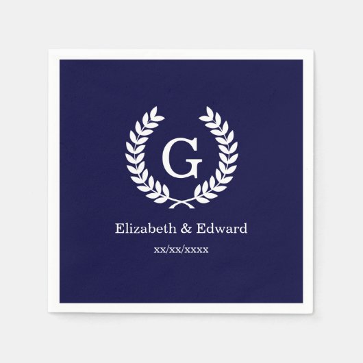 Navy Blue Wht Wheat Laurel Wreath Initial Monogram Serviette (Vorderseite)