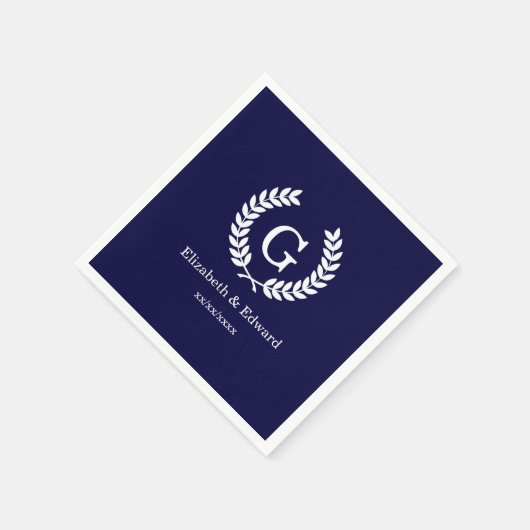 Navy Blue Wht Wheat Laurel Wreath Initial Monogram Serviette (Ecke)