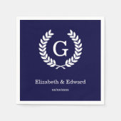 Navy Blue Wht Wheat Laurel Wreath Initial Monogram Serviette (Vorderseite)