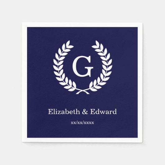 Navy Blue Wht Wheat Laurel Wreath Initial Monogram Serviette (Vorderseite)