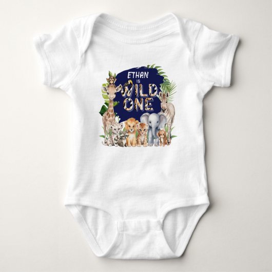 Navy Blue Wild One Animals Safari Thema 1. Geburt Baby Strampler (Vorderseite)