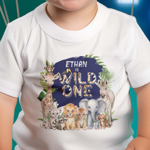 Navy Blue Wild One Animals Safari Thema 1. Geburt Baby T-shirt