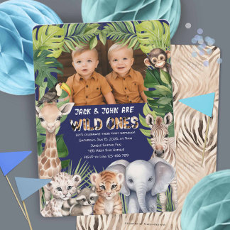 Navy Blue Wild one, Twins Foto Safari thematisch Einladung