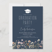 Navy Blue Wildblume Graduation Party Boho Einladung (Vorderseite)