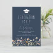 Navy Blue Wildblume Graduation Party Boho Einladung (Stehend Vorderseite)