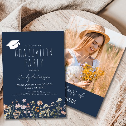 Navy Blue Wildblume Graduation Party Boho Einladung