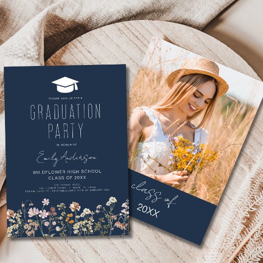 Navy Blue Wildblume Graduation Party Boho Einladung