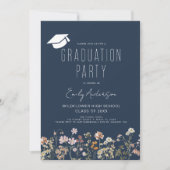Navy Blue Wildblume Graduation Party Boho Einladung (Vorderseite)