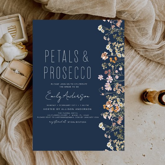 Navy Blue Wildblume Petals Prosecco Brautparty Einladung