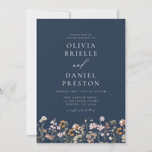 Navy Blue Wildblume QR Code Garden Wedding Einladung (Vorderseite)