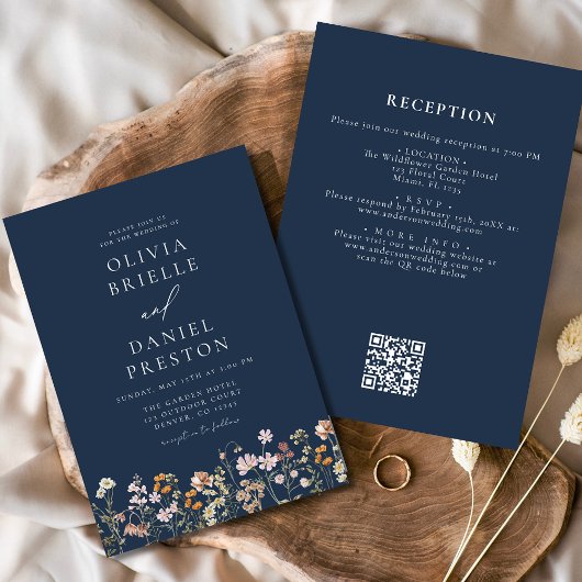 Navy Blue Wildblume QR Code Garden Wedding Einladung